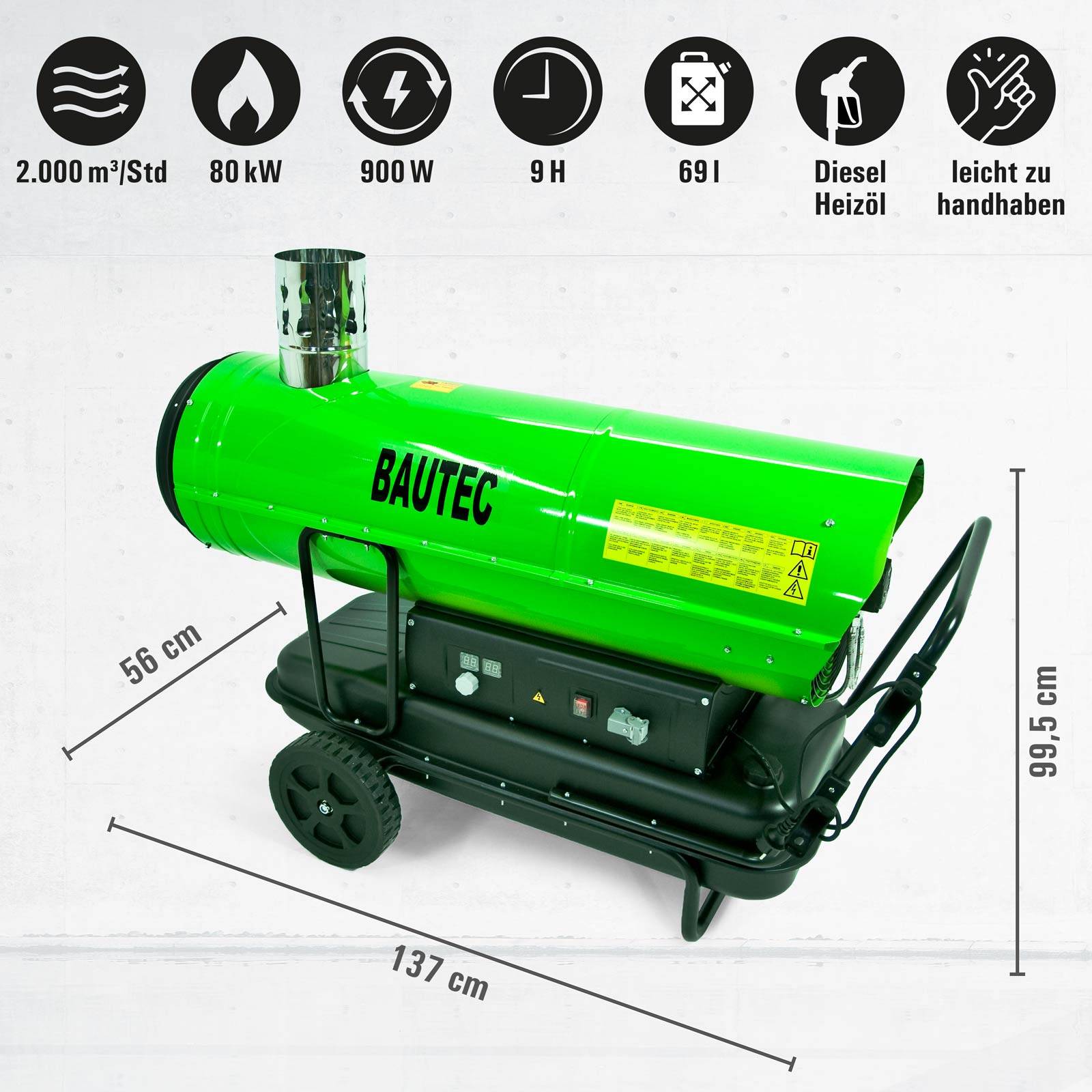 BAUTEC Ölheizgebläse 80 kW » Profiset mit 3 Schläuchen, Y-Verteiler, ext. Thermostat » Heizkanone Ölheizer Dieselheizer