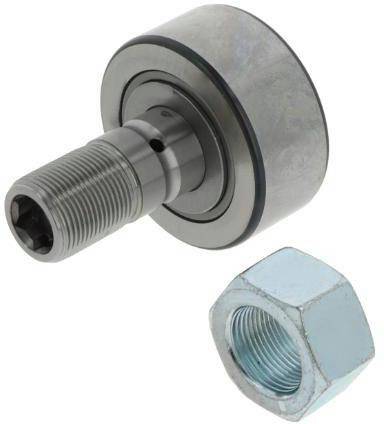 Ein Metall-Kurvenstößel-Lager mit Gewindestift und separater Sechskantmutter auf weißem Hintergrund.