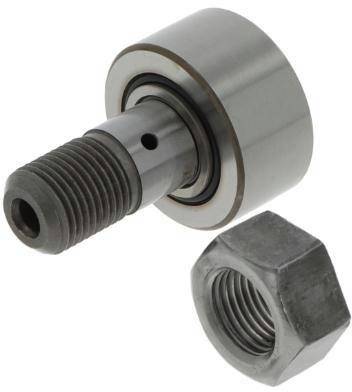 Metallkugellager mit Gewindewelle und separater Sechskantmutter auf weißem Hintergrund.
