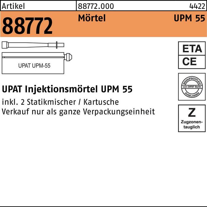 UPAT UPM-55 Injektionsmörtel, Artikelnummer 88772, 440 ml. Inklusive 2 statische Mischer pro Packung. Für Mauerwerksanwendungen.