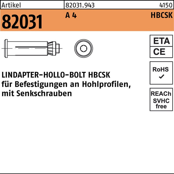 Hohlraumdübel R 82031 Senkschraube HBCSK 12-1 ( 55/25) A 4 1 Stück LINDAPTER