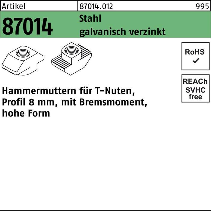 87014 Stahl, galvanisch verzinkt, Profil 8 mm, Hohe Form' mit Bildern von T-Nutenmuttern, RoHS- und REACH-Konformitätssymbolen.
