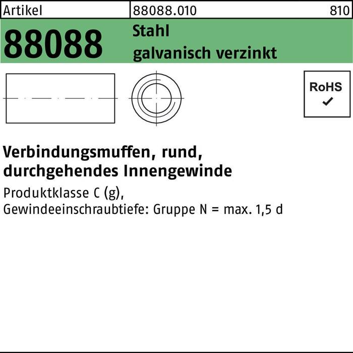 Verbindungsmuffe R 88088 rund IG M10x50x13 Stahl galv.verz. durchg. IG 50St.