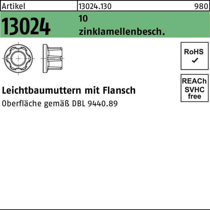 Leichtbau-Muttern mit Flansch 13024 10 zinklamellenbesch. Oberfläche gemäß D84 944.08' mit Diagrammen der Flanschmutter; gekennzeichnet RoHS und REACH.