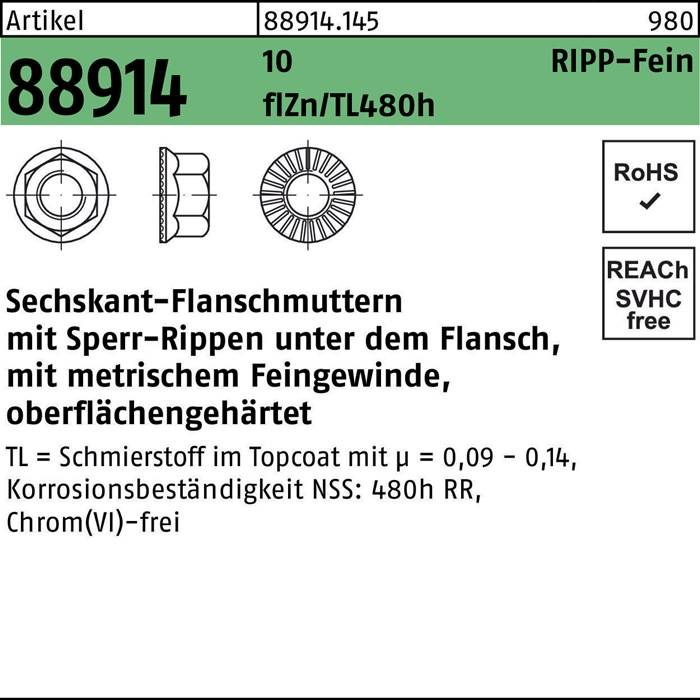 Label mit Produktspezifikationen: 'Sechskant-Rippen' mit 'Feingewinde', Korrosionsbeständigkeit T0: 480 Stunden, Beschichtungseigenschaften FeiZn R0.