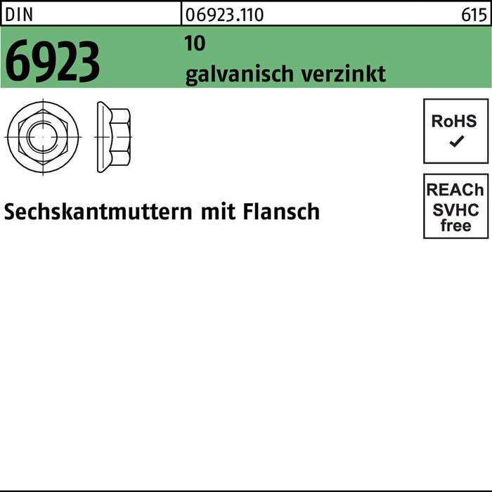 Sechskantmuttern mit Flansch, Artikelnummer 6923, verzinkt, RoHS- und REACH-konform. Enthält technische Zeichnung einer Sechskantmutter mit Flansch.