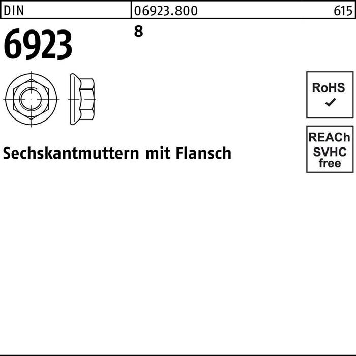 Sechskantmuttern mit Flansch' Beschriftung mit technischer Zeichnung einer Sechskantmutter mit Flansch. RoHS- und REACH-konforme Symbole sind vorhanden.