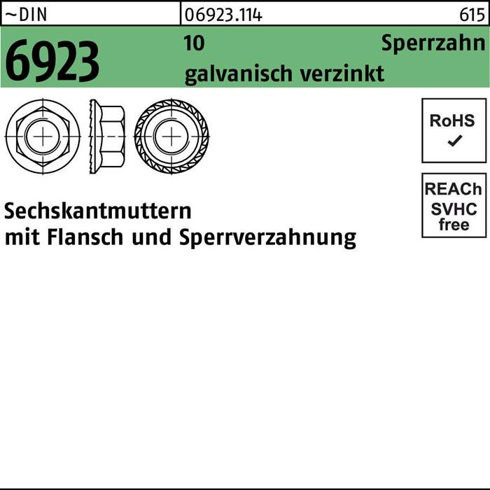 Sechskantmuttern mit Sperrverzahnung, verzinkt, Artikelnummer 06923.114, RoHS- und REACH-konform, Menge 10.