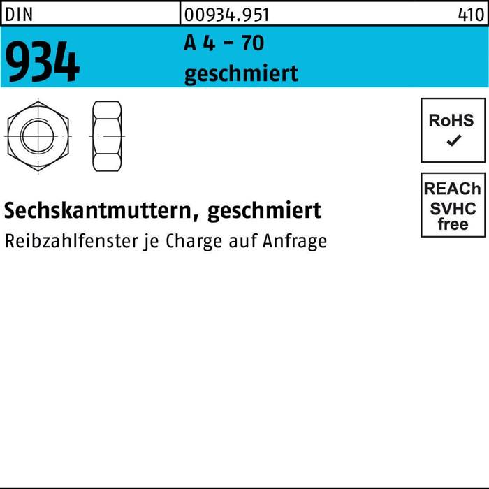 Sechskantmutter mit Spezifikationen: DIN 934, A 4-70, geschmiert. RoHS- und REACH-konform, auf Anfrage erhältlich.