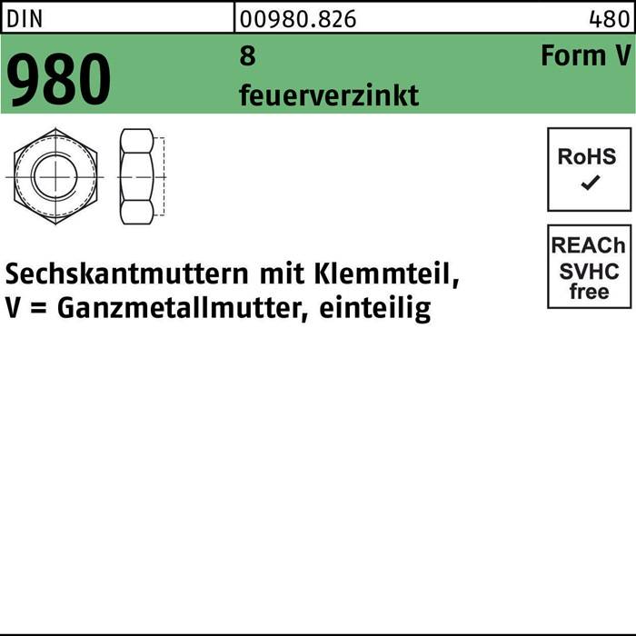 Sechskantmutter feuerverzinkt V = Ganzmetallmutter, Einmteilig' mit Diagrammen und Konformitätslogos, einschließlich RoHS- und REACH-Konformität.