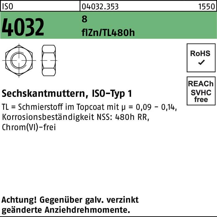 Sechskantmutter ISO 4032 M6 8 zinklamellenbes. Gleitm. flZnnc 480h-L 1000 Stück