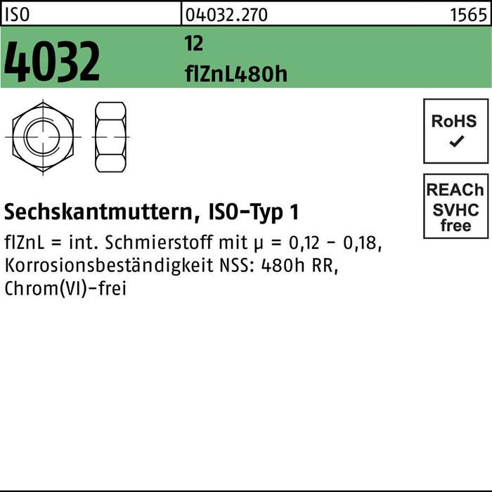 Sechskantmutter ISO 4032 M12 12 flZnL 480h zinklamellenb. 100 Stück