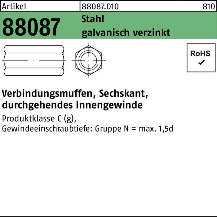 Produktetikett für Artikel 88087: Sechskant-Stahlverbindungsmuffe, verzinkt, RoHS-konform. Innengewindemaße, Schraubentiefengruppe 1.5d.