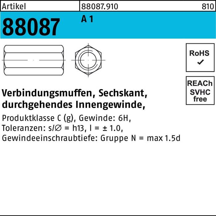 Zeichnung einer Verbindungsmuffe mit Sechseckform, die Abmessungen und Toleranzen zeigt. Text enthält Produktnummer '88087'. Geeignet für RoHS-Konformität.