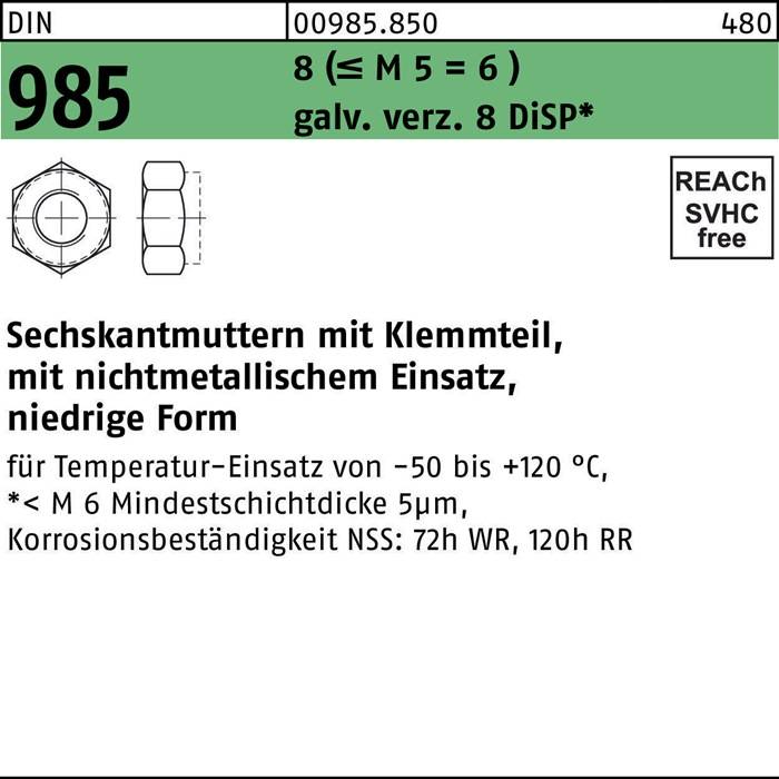 Sechskantmutter DIN 985 Klemmteil M4 8 (=M5 = 6 ) galv.verz. 8 DiSP 100St.