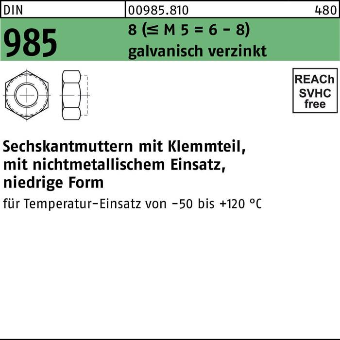 Sechskantmutter DIN 985 Klemmteil M5 8 (=M 5 = 6/8 ) galv.verz. 100St.