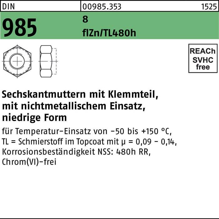 Sechskantmutter DIN 985 Klemmteil M12 8 zinklamellenbes. flZnnc 480h-L 250St.