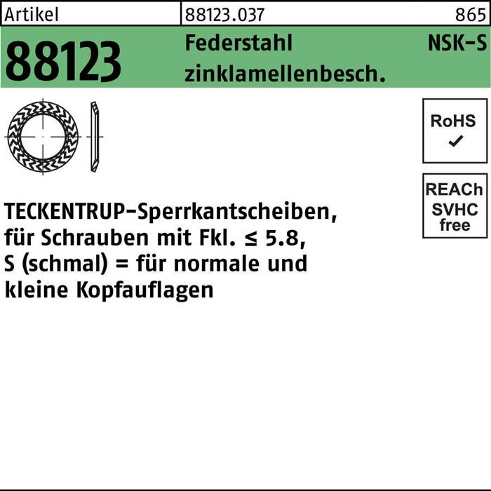 Produktetikett zeigt ein Federgehäuse mit Spezifikationen: 'Schraubenstift-Klemme. ≤ Größe M5.8, kleiner Kopf für normale Erkennung.' Enthält Konformitätssymbole.