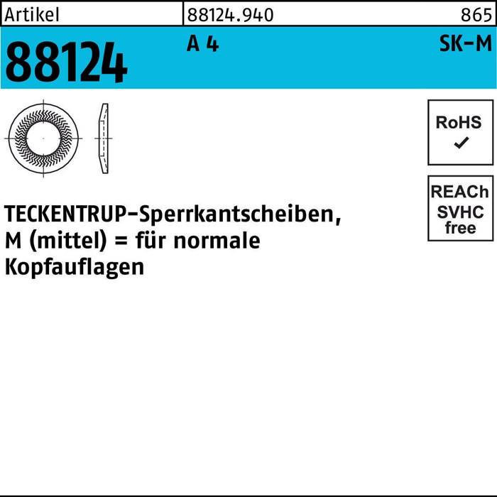 Artikel 88124 mit einer Zeichnung einer Scheibe; beschrieben als 'TECKENTRUP-Sperrscheiben, M (mittel) = Für normale Kopfauflagen'. Inklusive RoHS-, REACH-Symbole.