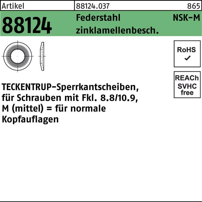 Ein Produktetikett, das eine verzinkte gezahnte Sicherungsscheibe, Teilenummer '88124.031', Größe 'M5', konform mit RoHS und REACH, zeigt.