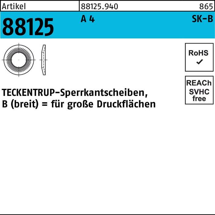TECKENTRUP-Sperrkantenausgleichscheiben' mit Artikelnummer 88125 und Größe B, detailliert auf einem Industrieetikett. Konformität festgestellt: RoHS, REACH SVHC-frei.