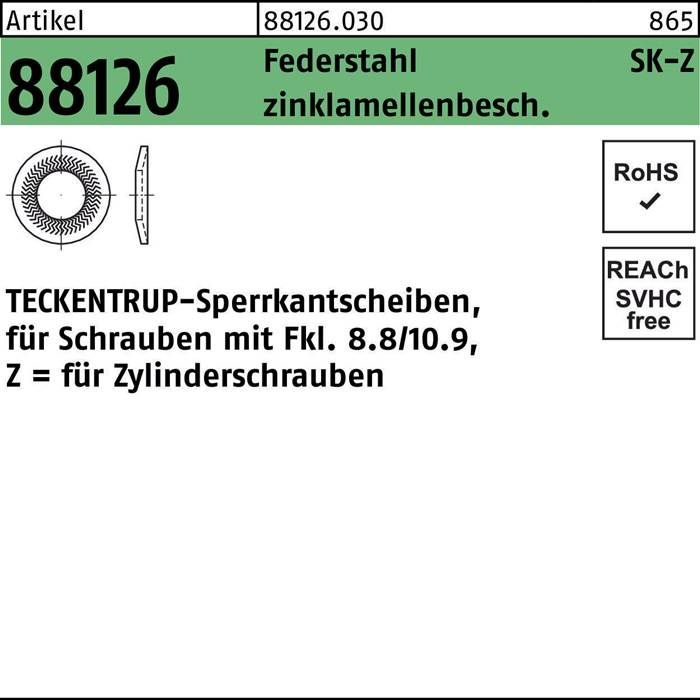 ARTIKEL 88126' Etikett mit technischen Spezifikationen, einschließlich Beschichtungsdetails, und REACH-Konformitätssymbol auf der rechten Seite.