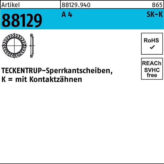 88129 A 4 SK-K', 'ARTIKEL 8829.940', '865'. Bild eines Zahnrads und eines Kamms, deutscher Text lautet 'TEKTENTRUP-Sperrkantscheiben, K = mit Kontakzähnen'. RoHS- und REACH-konform.