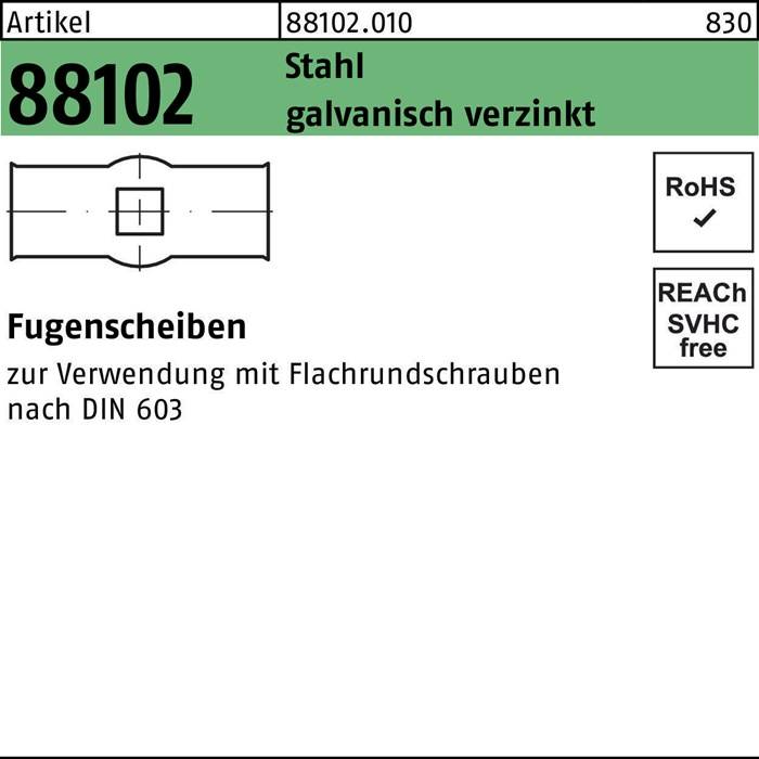 Mit der Produktnummer '88102', verzinkte Stahlscheiben, RoHS-konform, geeignet für Flachrundschrauben gemäß DIN 603.