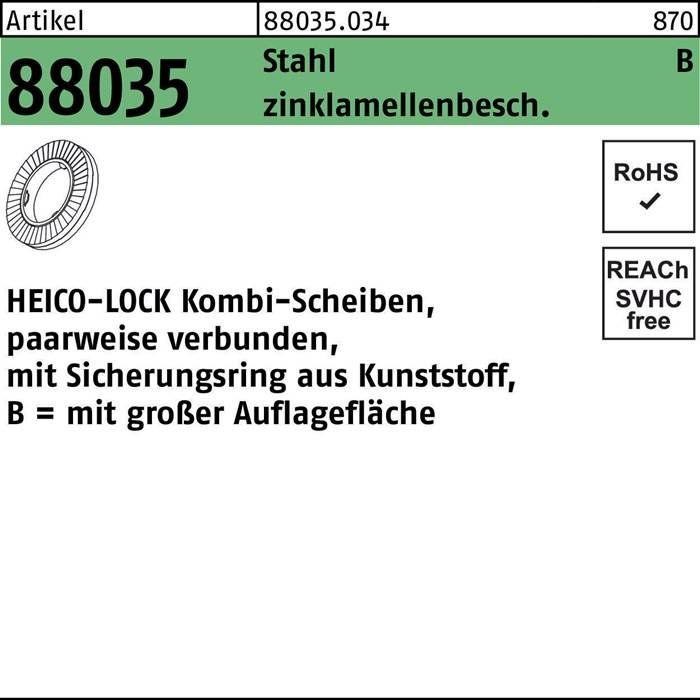 Ein rechteckiges Produktetikett mit Spezifikationen für die Stahl-Sicherungsscheibe 'ARTIKEL 88035', kombiniert verbunden, RoHS-konform.