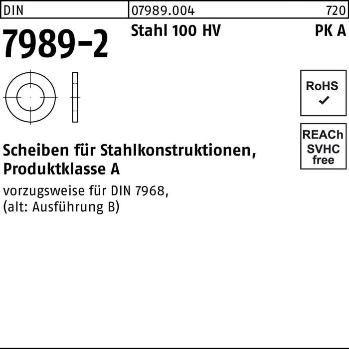 Eine technische Zeichnung einer Scheibe, gekennzeichnet mit ‚7989-2', Material ‚Stahl 100 HV'. Enthält Symbole für RoHS-Konformität und REACH SVHC-Freiheit.