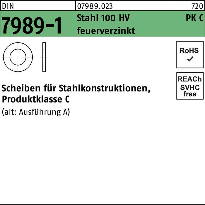 SCHEIBE 7989-1' angegeben als 'Stahl 100 HV feuerverzinkt', unter 'Produktklasse Stahlkonstruktionen, Scheiben für Führungen'.