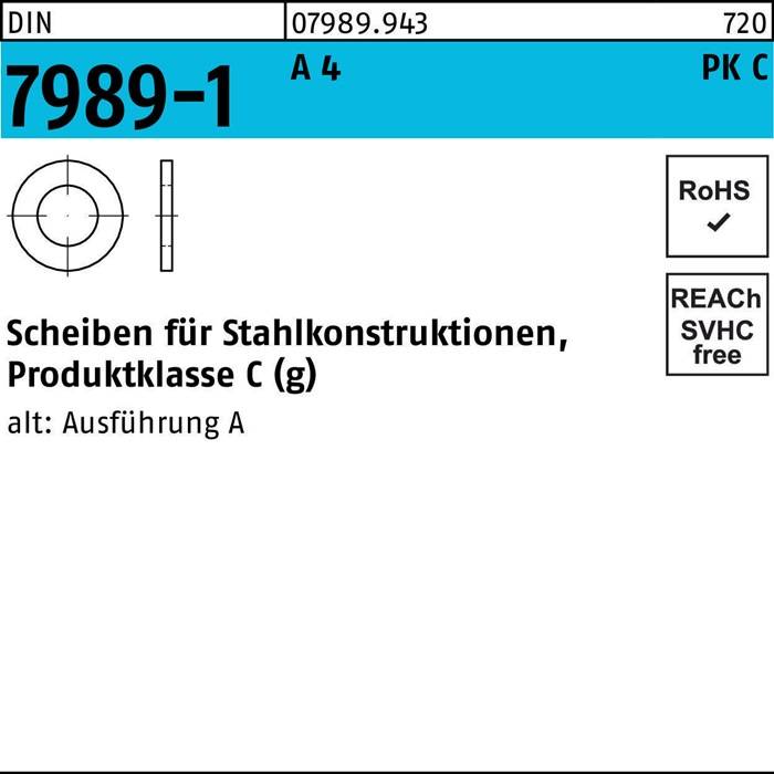 Technische Zeichnung einer Stahlbau-Unterlegscheibe; Produktklasse A. Teilecode: 7989-1. Kennzeichnungen: 'RoHS', 'SVHC-frei', 'REACH'.