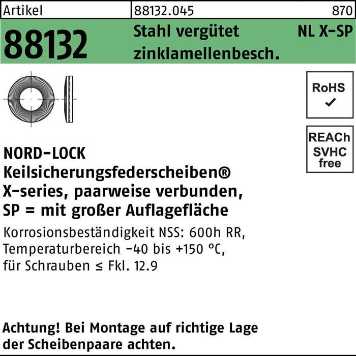 Produktdetails für Teil 88132: NORD-LOCK Scheibe, XP-Serie, 40 mm Innendurchmesser, korrosionsbeständig, geeignet für Temperaturen bis zu 150°C.