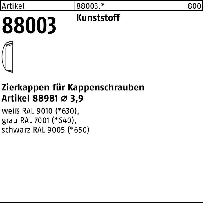 Artikel 88003 mit einem Symbol und angegebenen Abmessungen. Text beschreibt Kappen für Gewindeanschlüsse, erhältlich in grau und schwarz.