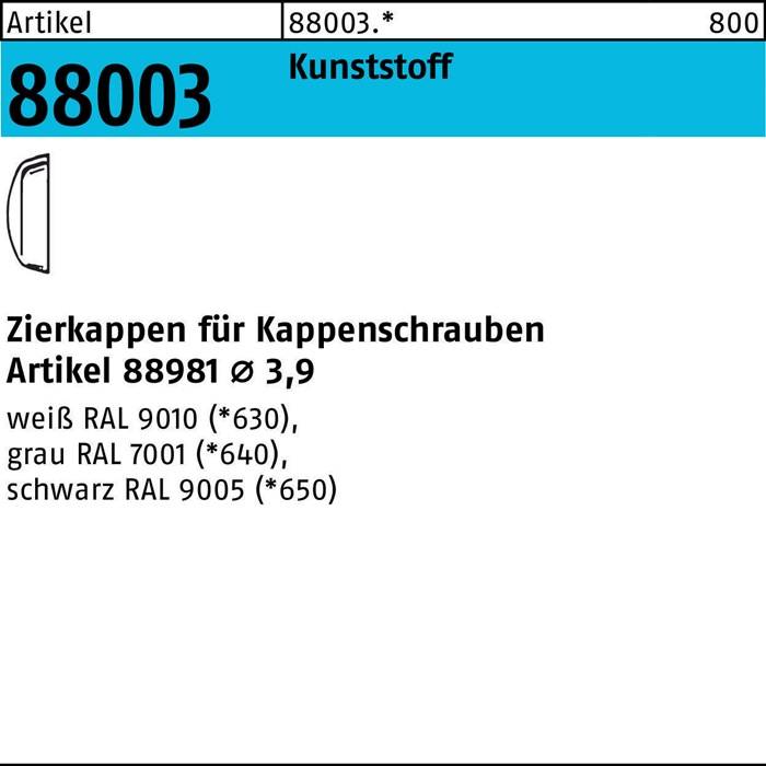 Aufkleber mit Artikelnummer 88003 für blaue Kunststoff-Zierkappen mit Kappenschrauben, Durchmesser 3,9 cm, Farben weiß und schwarz.