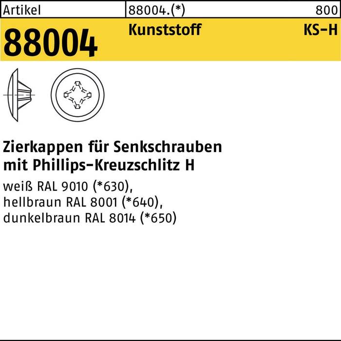 Der Artikel 88004 ist eine Produktbezeichnung für Abdeckungen von Senkschrauben mit Kreuzschliff, erhältlich in weiß, hellbraun und dunkelbraun.