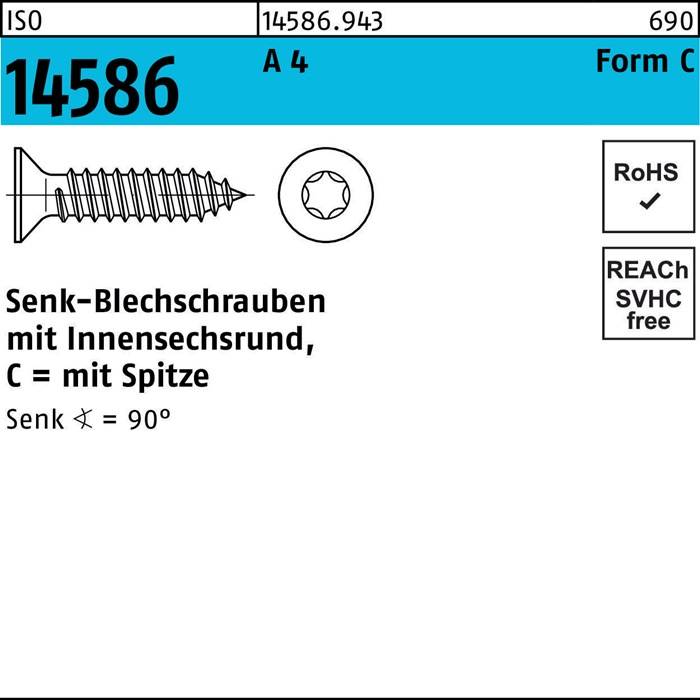 Etikett mit Schraubenspezifikationen: Senkschraube mit Innensechskant, 90° Winkel, Teilenummer 14586, RoHS- und REACH-konform, Form C.