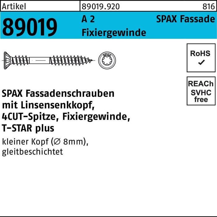 SPAX Linsensenkkopf mit Fixiergewinde, 4CUT-Spitze, T-STAR plus, kleiner Kopf (Ø 8mm). RoHS, SVHC-frei.