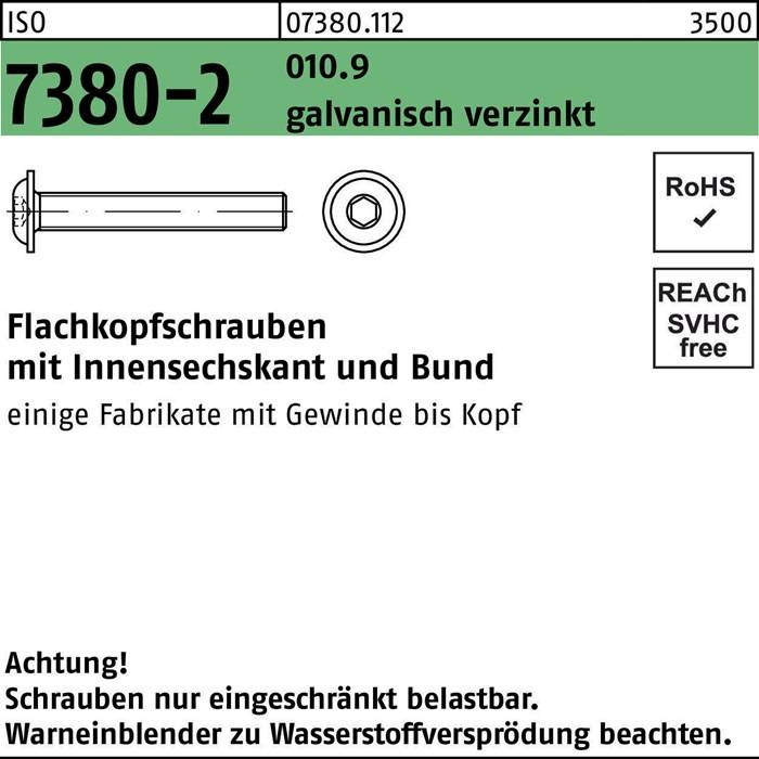 Flachkopfschraube ISO 7380-2 Bund/Innen-6kt M3x12 010.9 galv.verz. 500St.