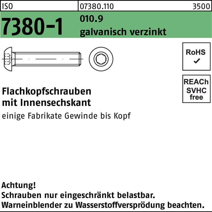 Flachkopfschraube ISO 7380-1 Innen-6kt M10x60 010.9 galv.verz. 100St.