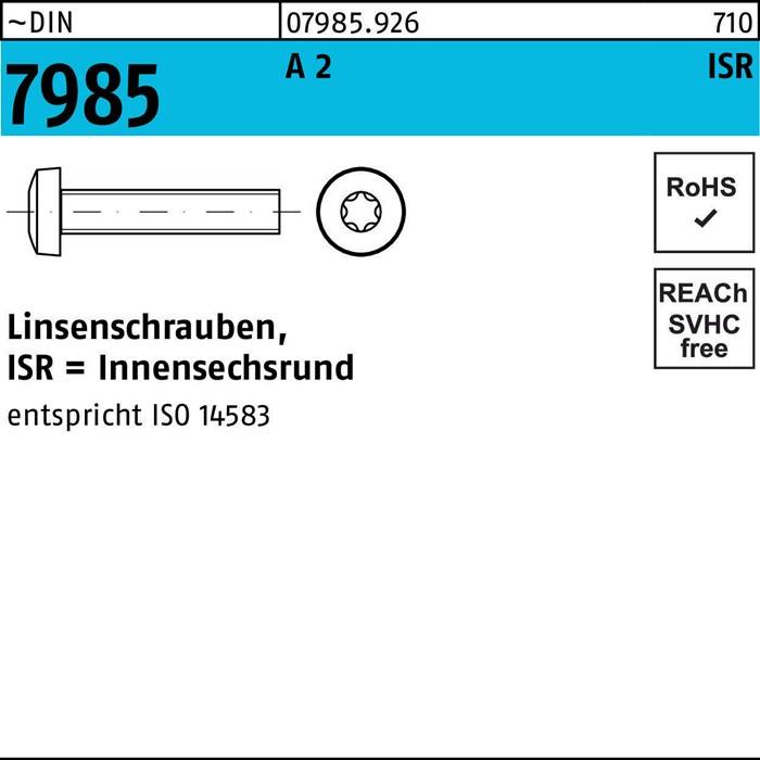 Linsenschraube DIN 7985 ISR M8x 30-T45 A 2 500 Stück