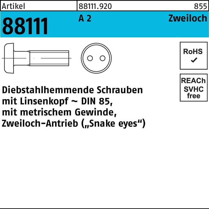 Schraube R 88111 diebstahlhemmend Liko/Zweiloch M3x 6 A 2 100 Stück