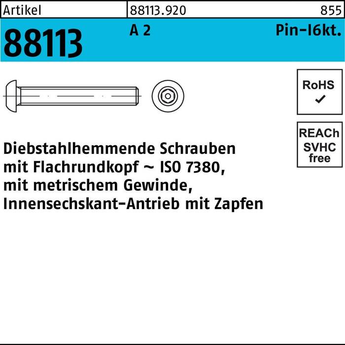 Schraube R 88113 diebstahlh. Innen-6kt Zapfen M8x 40 A 2 100 Stück