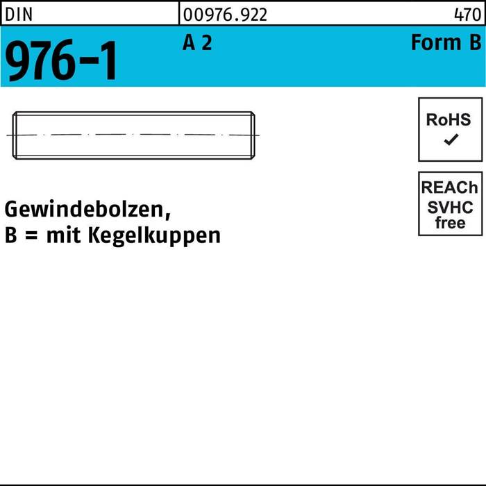 Gewindebolzen DIN 976 Kegelkuppen BM 16x 60 A 2 50 Stück