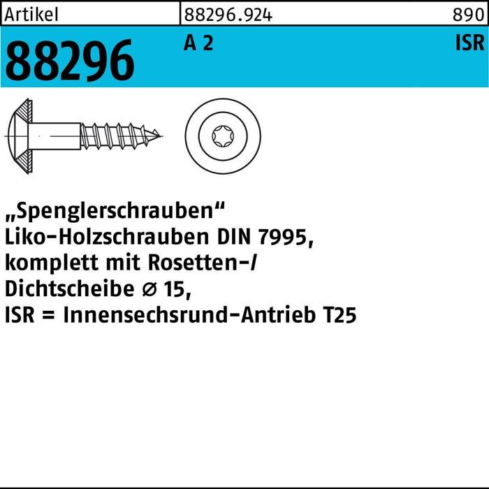 Spenglerschrauben DIN 7995, Holzschrauben rostfrei' mit Diagramm einer Schraube und Unterlegscheibe. 'ISR = Innenसechsrund-Antrieb T25' vermerkt.
