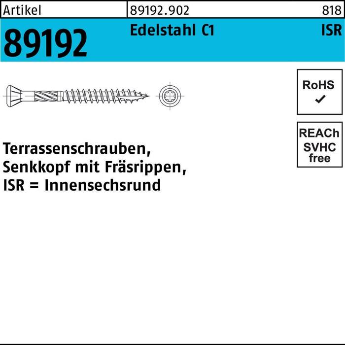89192 - Terrassenschrauben aus Edelstahl mit Fräsrippen, ISR = Innensechsrund', RoHS- und REACH-konform-Symbole sichtbar.