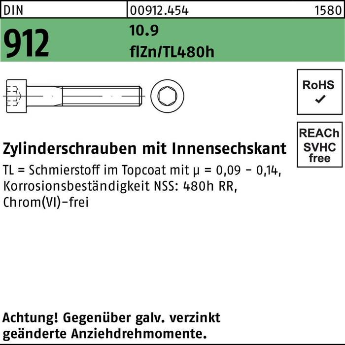 Zylinderschraube DIN 912 Innen-6kt M6x55 10.9 flZnnc 480h-L 200St.