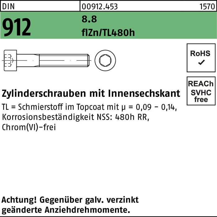 Zylinderschraube DIN 912 Innen-6kt M12x90 8.8 flZnnc 480h-L 50St.