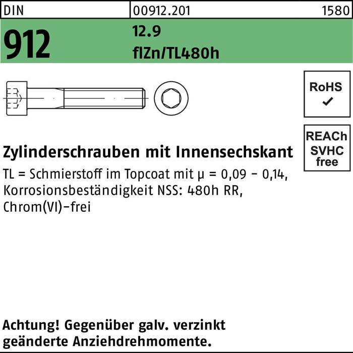 Zylinderschraube DIN 912 Innen-6kt M6x14 12.9 flZnnc 480h-L 500St.