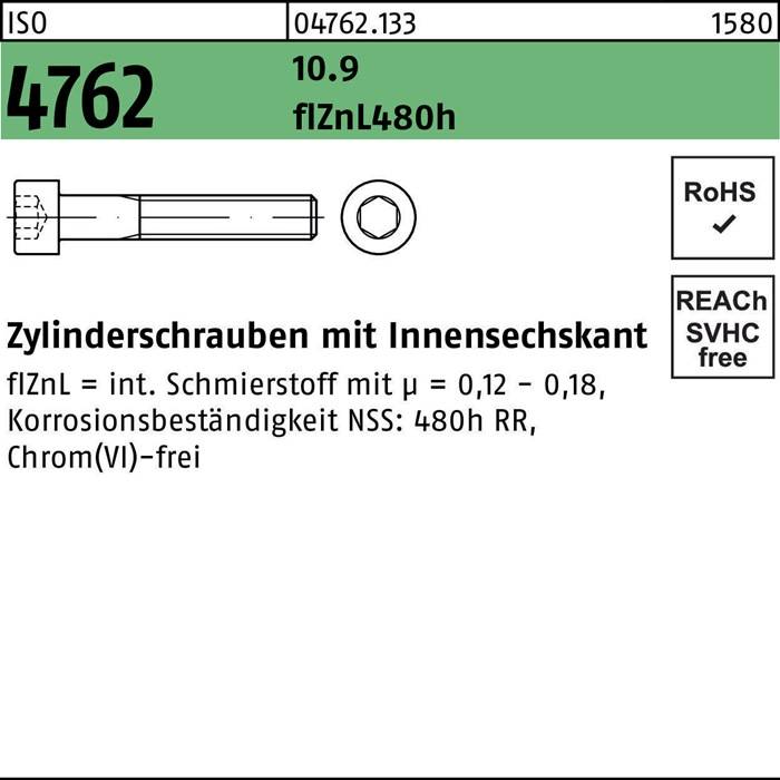 Zylinderschraube ISO 4762 Innen-6kt M6x22 10.9 zinklamellenb. 500St.